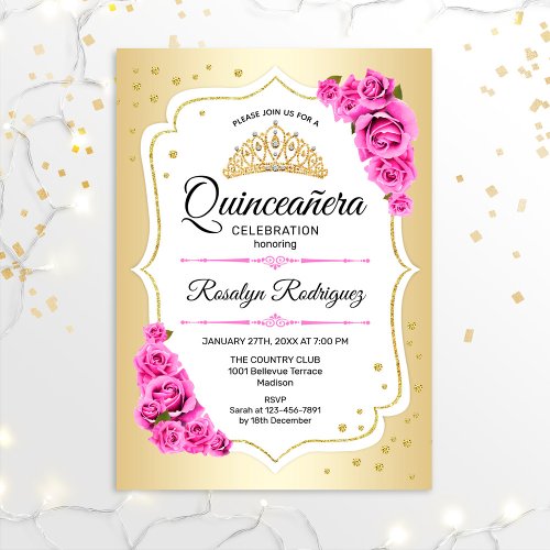 Quinceanera _ Gold White Pink Invitation