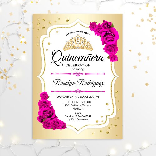 Quinceanera _ Gold White Pink Invitation
