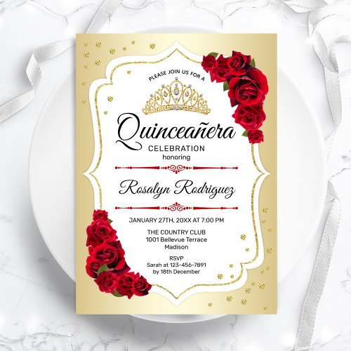 Quinceanera _ Gold White Red Invitation