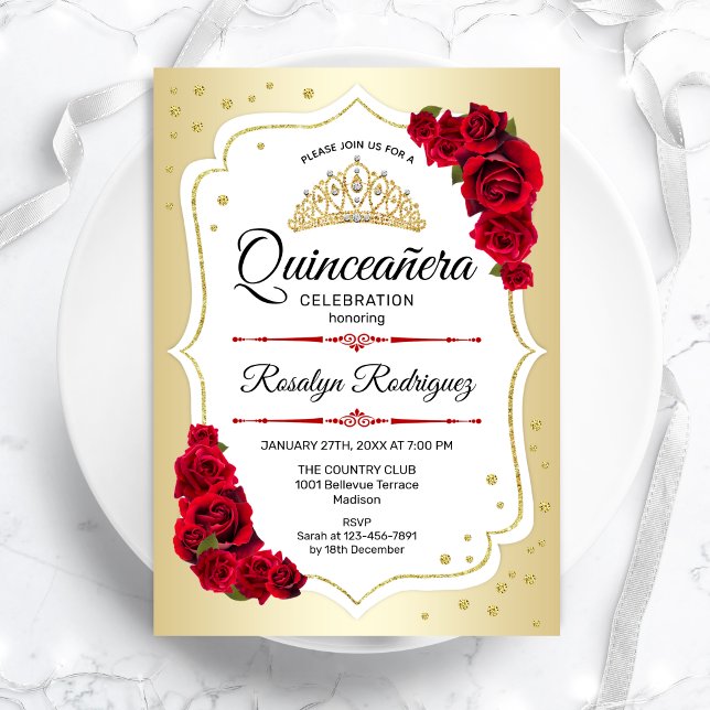 Quinceanera - Gold White Red Invitation
