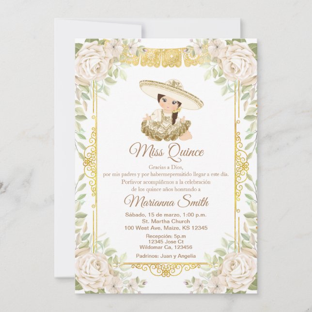 Quinceanera Gold White Roses Fiesta Mis Quince  Invitation (Front)