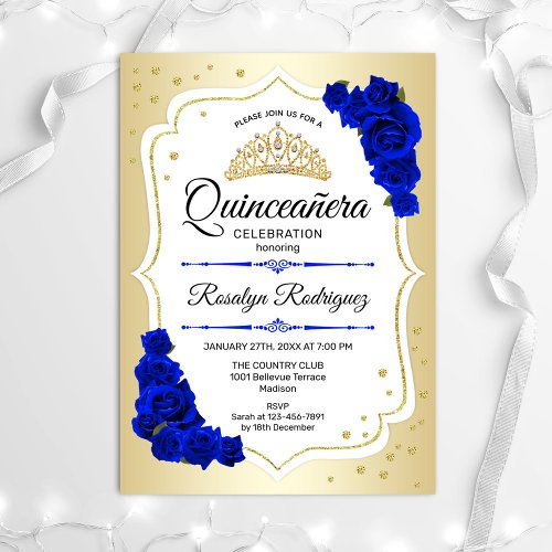 Quinceanera _ Gold White Royal Blue Invitation