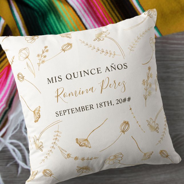 Quinceanera Gold Wildflower Custom Mis Quince Anos Throw Pillow (Creator Uploaded)