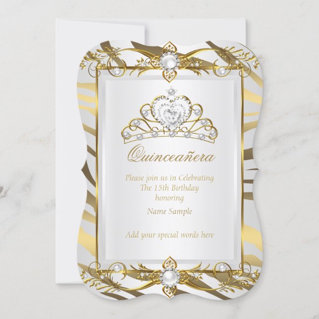 Quinceanera Gold Zebra White Pearl Tiara Invitation (Front)