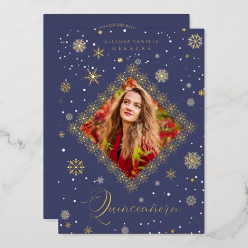Quinceaera Golden Snowflakes Winter Christmas Foil Invitation