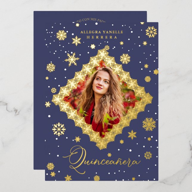 Quinceañera Golden Snowflakes Winter Christmas Foil Invitation (Front/Back)