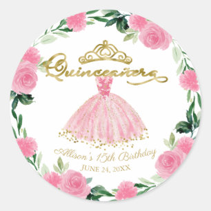 Quinceanera Gown Hot Pink Floral Classic Round Sticker