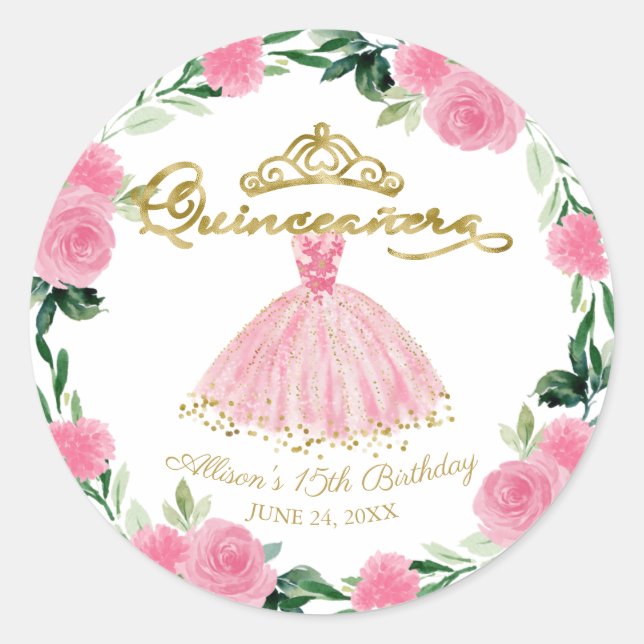 Quinceanera Gown Hot Pink Floral Classic Round Sticker (Front)
