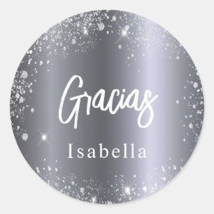 Quinceanera gracias silver glitter name classic round sticker