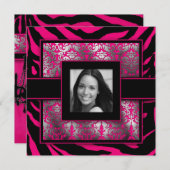 Quinceanera Grad Zebra Damask Pink Black Photo Invitation (Front/Back)