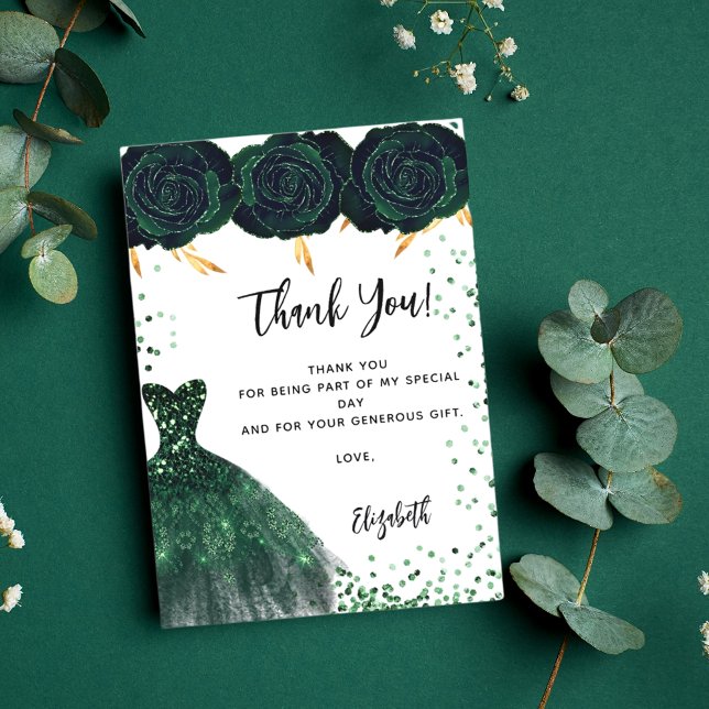 Quinceanera green dress florals thank you card (Creator Uploaded)