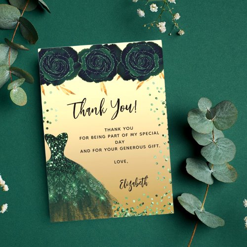 Quinceanera green dress flowers thank you card