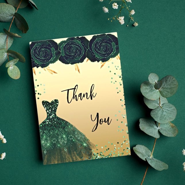 Quinceanera green dress flowers thank you card (Creator Uploaded)