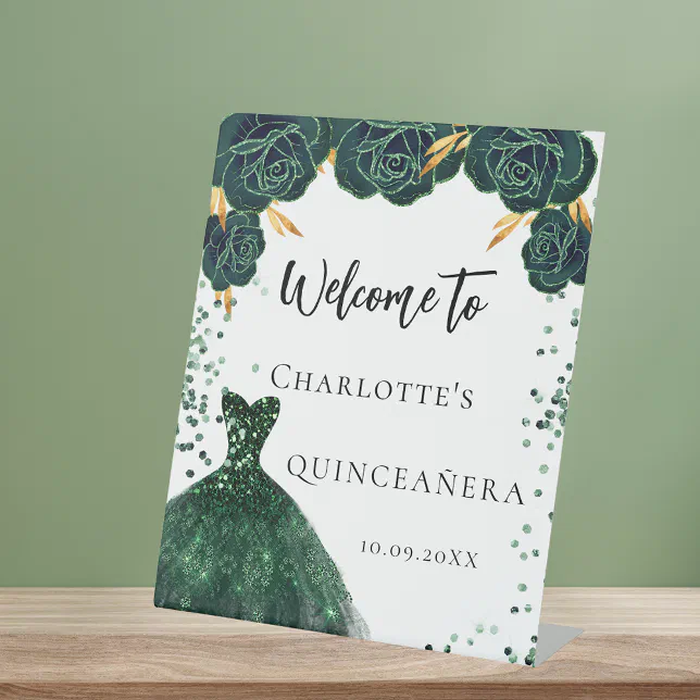 Quinceanera green dress flowers welcome pedestal sign | Zazzle