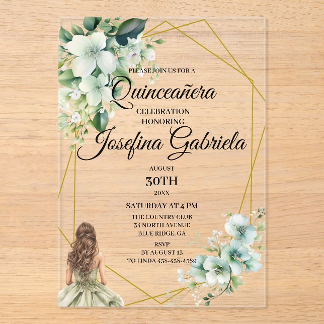 Quinceanera green floral acrylic invitations (Front)