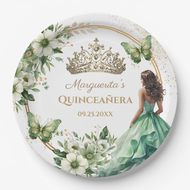 Quinceañera Green Floral Butterfly Gold Tiara Paper Plates (Front)