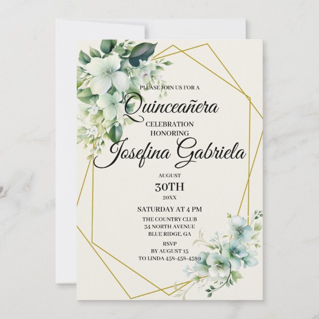 Quinceañera Green floral Invitation (Front)