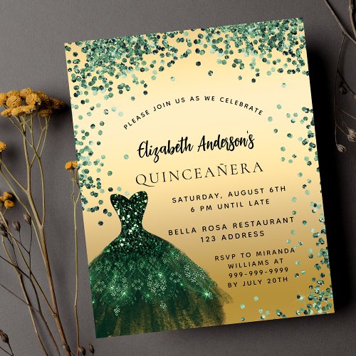 Quinceanera green gold dress budget invitation