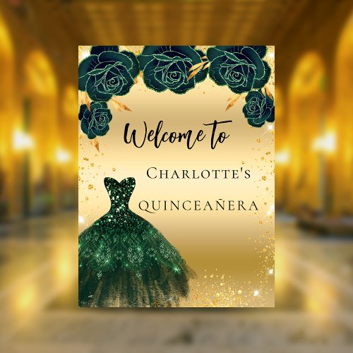 Quinceanera green gold dress flowers welcome poster