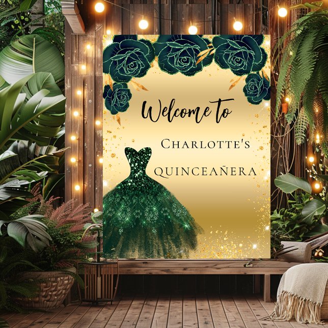 Quinceanera green gold dress flowers welcome poster (Creator Uploaded)