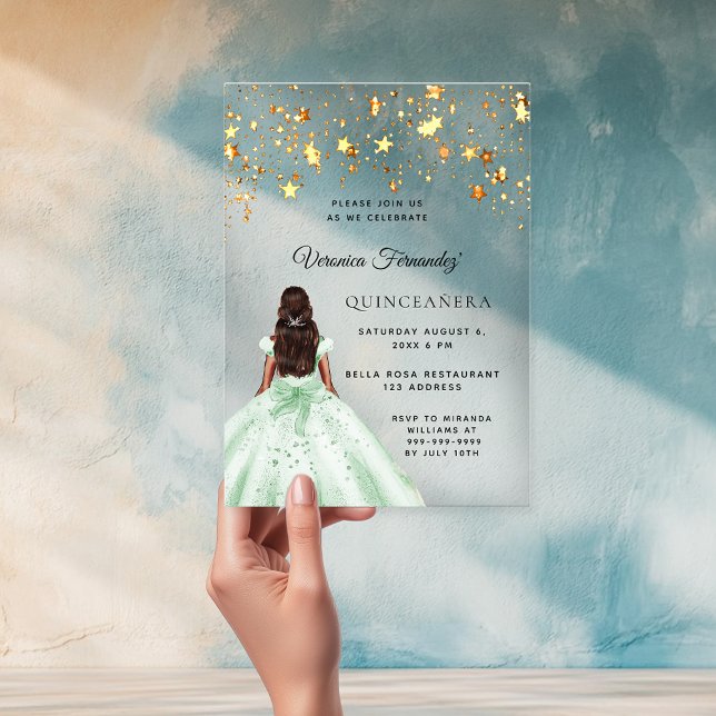 Quinceanera green gold dress stars clear acrylic invitations (Creator Uploaded)