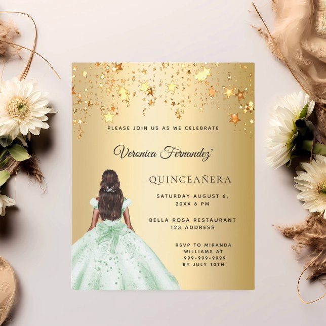 Quinceanera green gold dress stars invitation (Creator Uploaded)