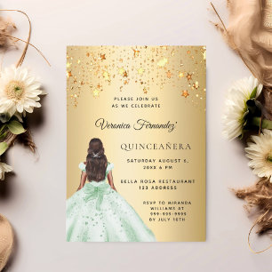 Quinceanera green gold dress stars invitation