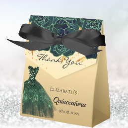 Quinceanera green gold florals dress thank you favor boxes