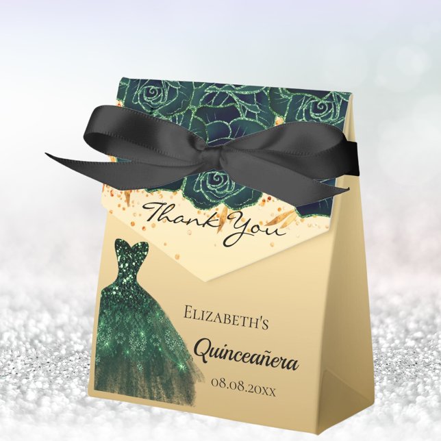 Quinceanera green gold florals dress thank you favor boxes (Creator Uploaded)