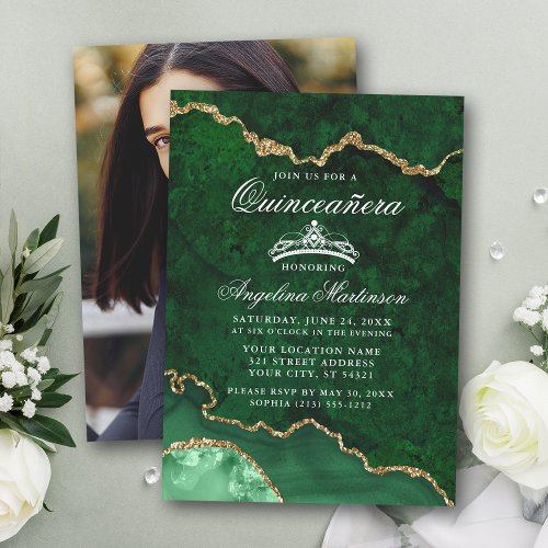 Quinceanera Green Gold Marble Agate Geode Photo Invitation
