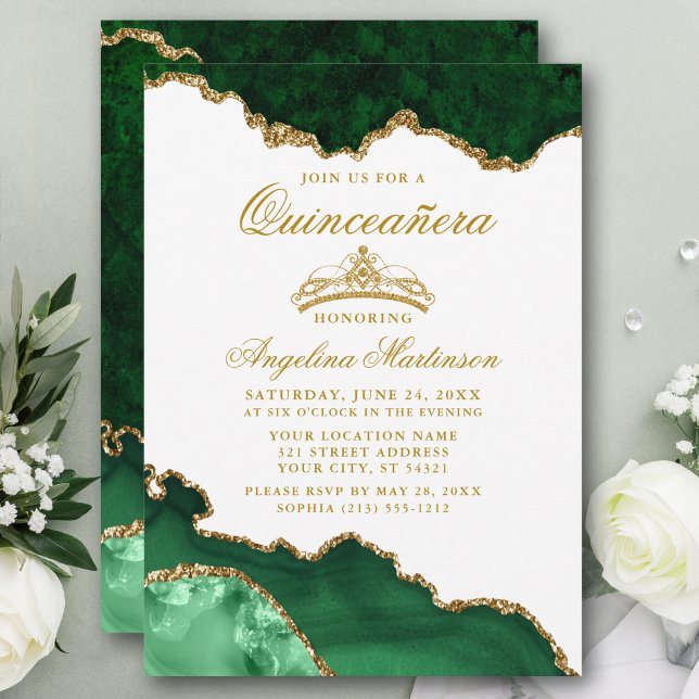Quinceanera Green Gold Marble Crown Invitation