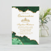Quinceanera Green Gold Marble Crown Invitation (Standing Front)