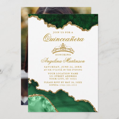 Quinceanera Green Gold Marble Crown Photo Invitation