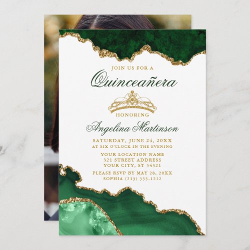 Quinceanera Green Marble Gold Crown Photo Invitation
