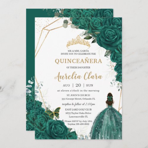 Quinceaera Green Roses Floral Gold Princess Crown Invitation