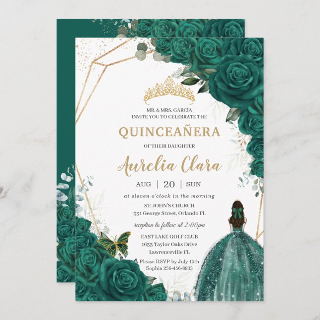 Quinceañera Green Roses Floral Gold Princess Crown Invitation (Front/Back)