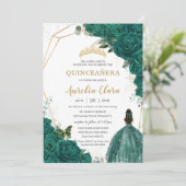 Quinceañera Green Roses Floral Gold Princess Crown Invitation (Standing Front)
