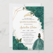 Quinceañera Green Roses Floral Gold Princess Crown Invitation (Front)