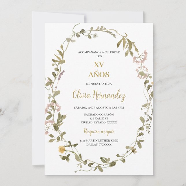 Quinceañera greenery frame invitation (Front)