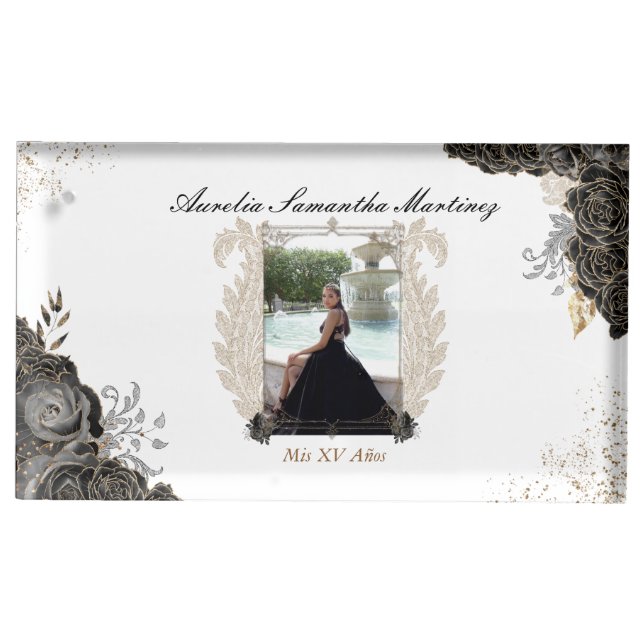 Quinceañera Guest Book Black and Gold Photo Place Card Holder (Front)