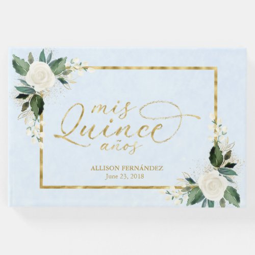 Quinceanera Guest Book Dusty Blue Gold Foil Floral