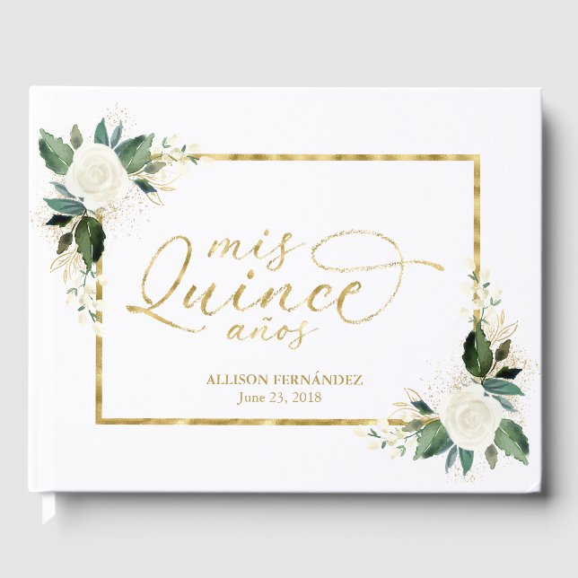 Quinceanera Guest Book Gold Foil White Floral (Front)