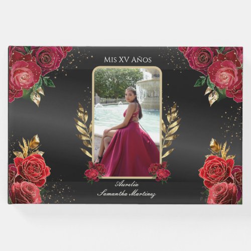 Quinceaera Guest Book Red Roses Black Background