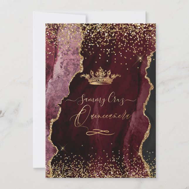 Quinceanera H2 Burgundy Agate Faux Gold Glitter Invitation (Front)