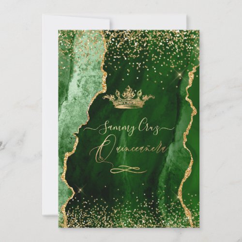 Quinceanera H2 Emerald Green Agate Faux Gold Dust Invitation
