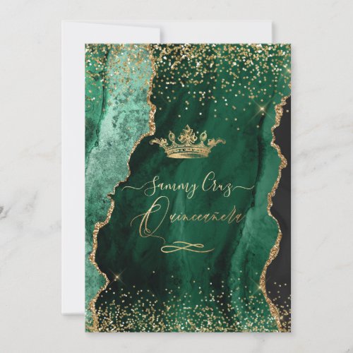 Quinceanera H2 Jade Green Agate Faux Gold Dust Invitation