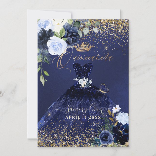 Quinceanera H2 Navy Blue Dress Gold Glitter Invitation (Front)