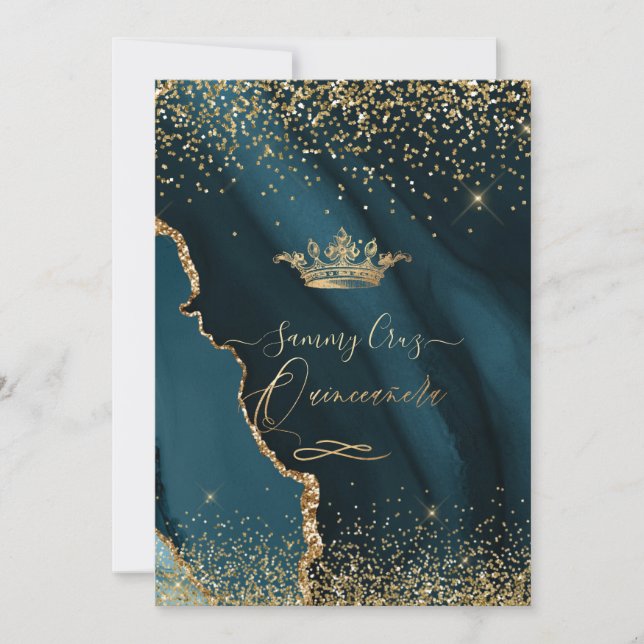 Quinceanera H2 Teal Agate Faux Gold Dust  Invitation (Front)