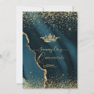 Quinceanera H2 Teal Agate Faux Gold Dust  Invitation