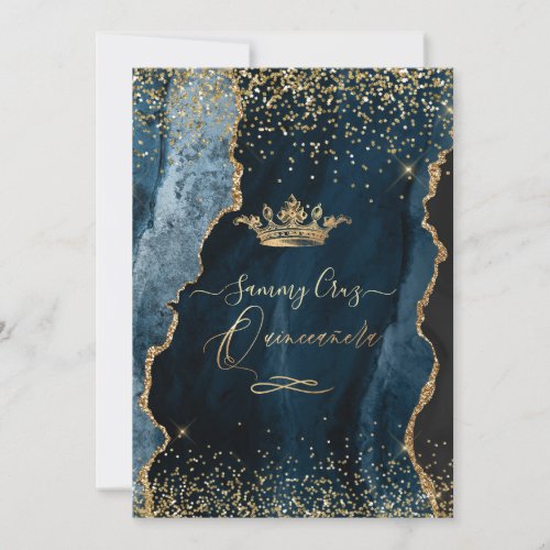 Quinceanera H2 Teal Blue Agate Faux Gold Dust Invitation